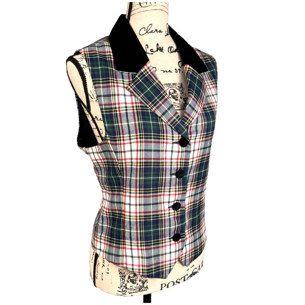 Baxter Wells Plaid Flannel Waistcoat Velvet Collar Buttons Tartan Sz 10 Preppy